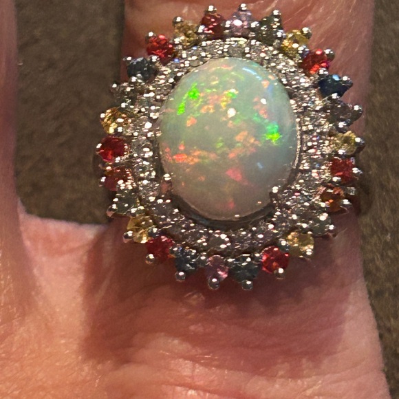 Ethiopian Welo Opal & Multi Gemstone Double Halo Ring Platinum/Sterling Silver - Picture 5 of 10